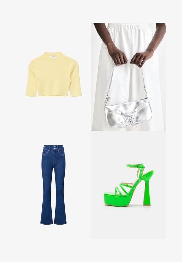 Kortærmet, lysegul cropped strikket sweater med en ribbet rund hals og tætsiddende silhuet.; Højtaljede flared jeans i mørkeblåt denim. Har to-knaps lukning, forlommer og subtile syninger langs sømme.; RAID MISHKA - Højhælede sandaletter / Højhælede sandaler - green; Sølvmetallic håndtaske med snøredetaljer, der har et slankt design og en kort strop. Tasken holdes i hænderne for at fremvise dens tekstur.
