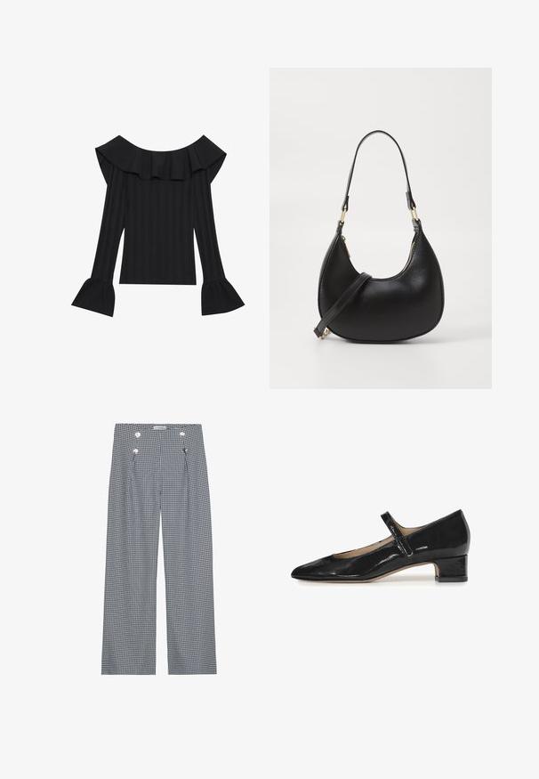 Top negro sin mangas con escote rizado, mangas largas con puños acampanados y textura de canalé vertical en toda su superficie.; Pantalones de pierna ancha de cuadros vichy en blanco y negro con pliegues frontales y acentos de botones en tono dorado en la cintura. Textura de tela suave.; Zapato Mary Jane de charol negro con punta afilada y un tacón bajo en bloque. Presenta una única correa ajustable sobre el empeine.; Bolso de mano de cuero negro con forma curva, que cuenta con un cierre superior con cremallera, un asa corta y una correa para el hombro desmontable. Accesorios en dorado.