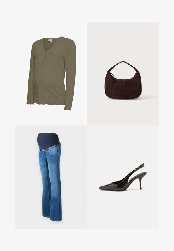 Graviditet langærmet top i olivengrøn, har en ribbet tekstur, V-hals med tre knapper og bølget kantdetalje. Blødt strikket materiale.; Graviditetsjeans lavet af blå denim, med en mørkeblå strækpanel i taljen, udfoldede ben og klassisk fem-lomme design.; Slingback højhælet sko i glat mørkebrun patenteret læder, spids tå, åbne sider og justerbar ankelrem.; Mørkebrun ruskindshåndtaske med kort rem og afrundet rektangulær form på en ensfarvet lys baggrund.