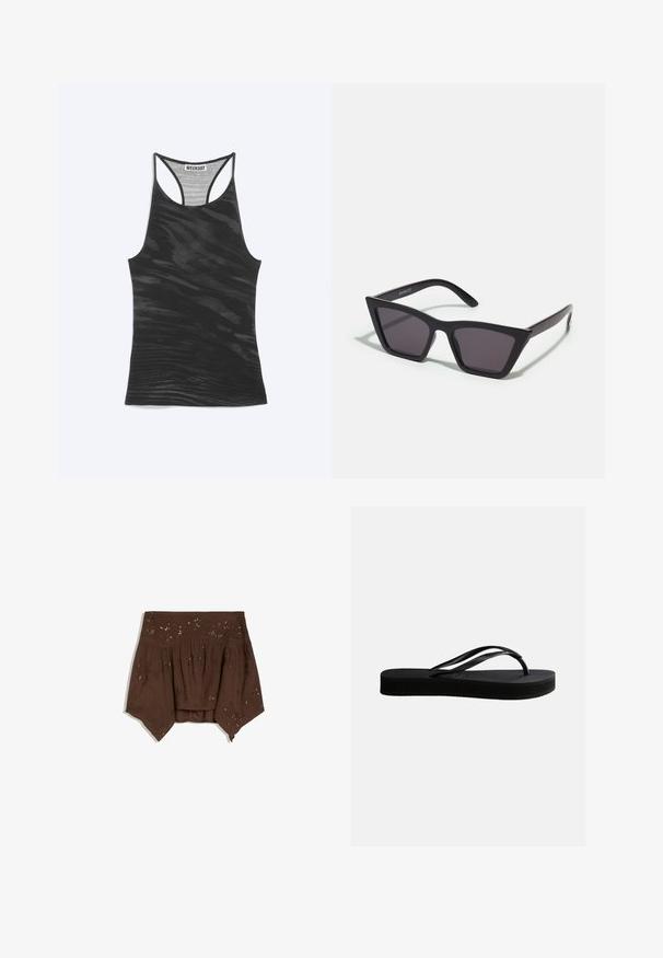Schwarzes Racerback-Top mit subtilem wellenförmigem Muster und "WEEKDAY"-Etikett, das innen am Halsausschnitt eingenäht ist.; Braunes Off-Shoulder-Top mit asymmetrischem Saum, gerafftem Stoff und dezenten Pailletten-Blumenverzierungen.; Schwarze Gummiflips mit strukturierter Sohle und Y-förmigem Riemen, seitliche Ansicht vor schlichtem hellem Hintergrund.; Schwarze, eckige Sonnenbrille mit grauen Gläsern; aus Kunststoff gefertigt, mit dicken Bügeln, die eine glatte Oberfläche und keine sichtbaren Beschläge haben.