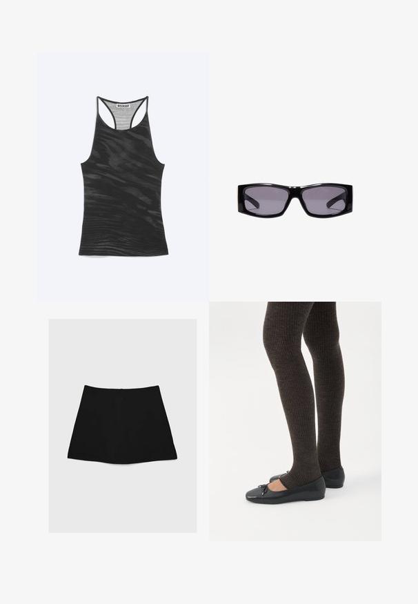 Débardeur noir à dos nageur avec un motif ondulé subtil et une étiquette "WEEKDAY" cousue à l'intérieur de l'encolure.; Jupe mini noire avec une texture lisse, en forme de A et à ourlet courbé. Elle possède une fermeture éclair au dos, sans motifs ni accents supplémentaires.; Jambes portant des leggings côtelés foncés associés à des ballerines noires avec de petits détails en nœud sur fond blanc.; Lunettes de soleil rectangulaires noires avec verres teintés foncés et monture en plastique brillant, présentées centrées sur un fond blanc.