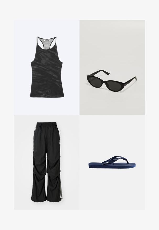 Zwarte racerback tanktop met subtiel golvend patroon en "WEEKDAY" label genaaid aan de binnenkant van de halslijn.; Zwarte, losvallende broek met een elastische tailleband, trekkoord en witte zijkanten; gemaakt van lichte stof met een gladde structuur.; Donkerblauwe rubberen teenslipper met een gestructureerde zool en een Y-vormige band op een effen lichte achtergrond.; Zwarte zonnebril met een smal, kattenoogvorm. Gemaakt van glad plastic, met donkere glazen en subtiele logo-accenten op de veren.