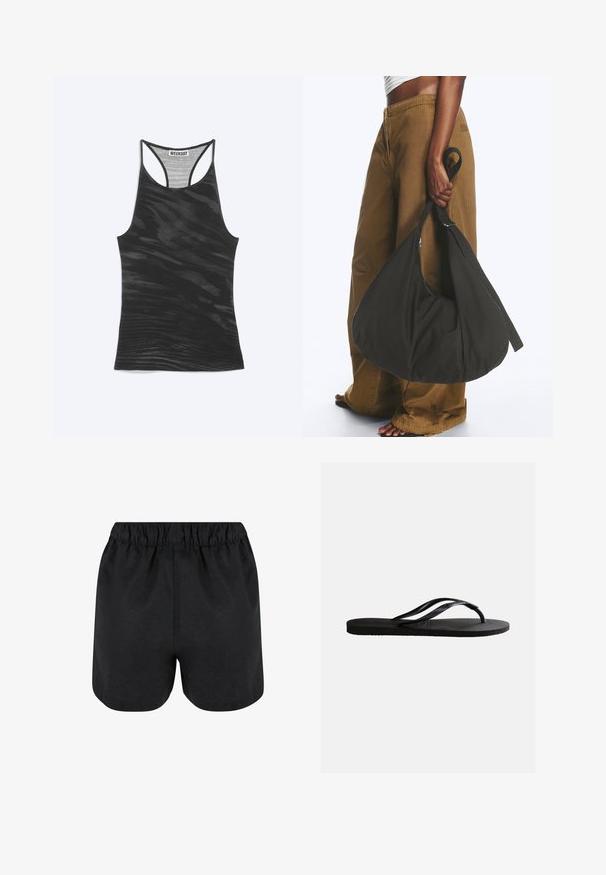 Sort racerback tanktop med subtilt bølgemønster og "WEEKDAY" label syet ind i halsudskæringen.; Sorte shorts med elastisk talje. Blødt stof, enkelt design og let afrundet kant nederst. Ingen synlige mønstre eller logoer.; Sort gummiflip-flop sandal med tekstureret fodseng og tynde Y-formede remme på en ensartet hvid baggrund.; Person iført brune vidde bukser og hvid top holder en stor sort blød håndtaske i remmen ved siden.