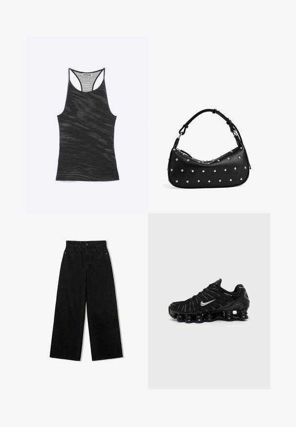 Schwarzes Racerback-Top mit subtilem wellenförmigem Muster und "WEEKDAY"-Etikett, das innen am Halsausschnitt eingenäht ist.; Schwarze, weit geschnittene Jeans aus Denim mit hoher Taille, die ein Fünf-Taschen-Design und einen einzelnen Knopfverschluss vorne aufweist.; Schwarzer Nike Sportschuh mit silbernem Swoosh-Logo, Mesh- und synthetischem Obermaterial und einer markanten segmentierten gepolsterten Sohle.; Schwarze Leder-Schultertasche mit geschwungener Form, verziert mit silbernen Nieten auf der Vorderseite und einer strukturierten Oberfläche. Sie hat einen einzelnen Griff.