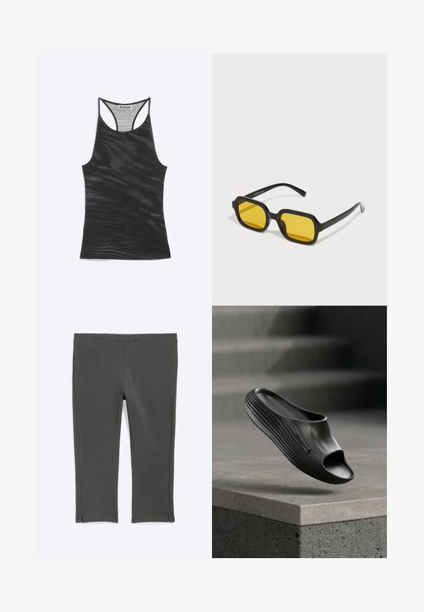 Black racerback tank top with subtle wavy pattern and "WEEKDAY" label sewn inside the neckline.; Dark gray cropped leggings with a wide waistband and small side slits at the hem, laid flat on a light background.; Black slip-on shoe with an open toe, featuring a smooth texture and ribbed side design, complemented by a subtle logo accent.; Black rectangular sunglasses with yellow lenses. Features include thick frames and angular design with a smooth, glossy finish.
