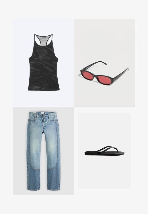 Débardeur noir à dos nageur avec un motif ondulé subtil et une étiquette "WEEKDAY" cousue à l'intérieur de l'encolure.; Jean en denim bleu clair avec une coupe droite et ample, présentant des détails de panneaux contrastants et un design à cinq poches. Fermeture à bouton.; Sandale tong en caoutchouc noir avec semelle texturée et fines brides en Y sur un fond blanc uni.; Lunettes de soleil ovales noires avec des branches fines et des verres teintés rouges posées sur une surface blanche.