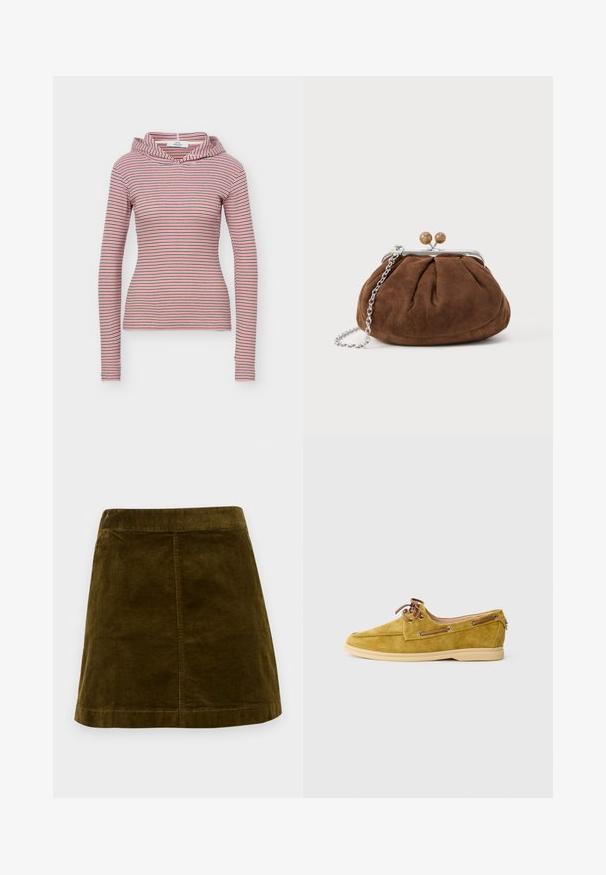 Pitkähihainen, vartalonmyötäinen hupullinen paita, jossa on vaaleanpunaisia, valkoisia ja mustia vaakaraitoja yksivärisellä taustalla.; Ruskea corduroy-mini hame, jossa on pystysuorat urat, suora leikkaus ja siisti helma. Sisältää yksinkertaisen vyötärön ilman koristeluja.; Keltaiset mokkasaappaat pyöreällä varpaalla, beigenvärisellä kumipohjalla, nauhakiinnityksellä ja metallisilla rei'illä. Sileä sisävuori.; Ruskea mokkainen kolikkokukkaro hopeisella rungolla, kahdella puisella napsautuskuulalla ja hopeaketjuhihnalla valkoisella taustalla.