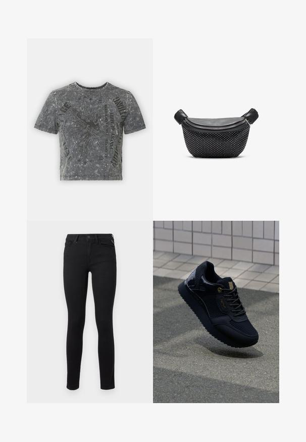 T-shirt court gris avec une finition texturée, présentant un design graphique noir et un texte imprimé, à manches courtes et à encolure ronde.; Jeans skinny noirs en denim extensible. Dotés d'un design classique à cinq poches et d'un bouton en métal standard à la taille.; Baskets noires avec une tige en mesh, des accents brillants, des éléments en or, une semelle texturée et un col rembourré pour le confort.; Sac à main noir avec un dessus en cuir lisse et une base texturée couverte de clous argentés, avec une fermeture à glissière et des poignées doubles.