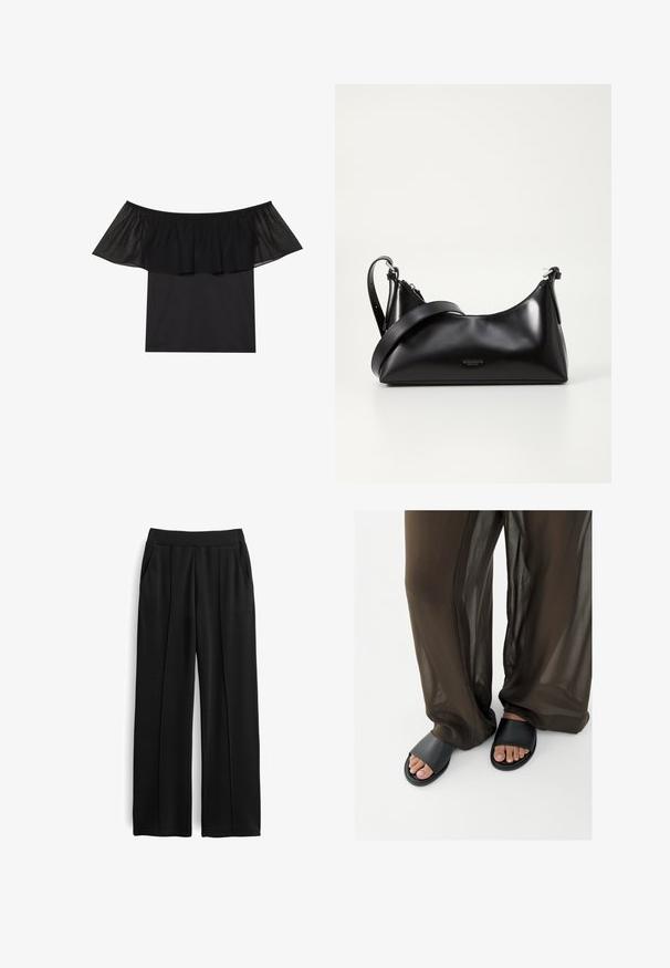 Zwarte off-shoulder top met een gerimpelde netlaag bij de halslijn, met een stevige, aansluitende lijfje en een soepele textuur.; Zwarte ruime broek van zacht stof, met een gladde tailleband, twee zijzakken en gestikte voorplooien voor extra detail.; Voeten in zwarte slidesandalen gecombineerd met losse, doorschijnende bruine broek tegen een effen witte achtergrond.; Zwarte leren handtas met een gladde textuur. Beschikt over een verstelbare schouderband en een strak, minimalistisch ontwerp met een ritssluiting.