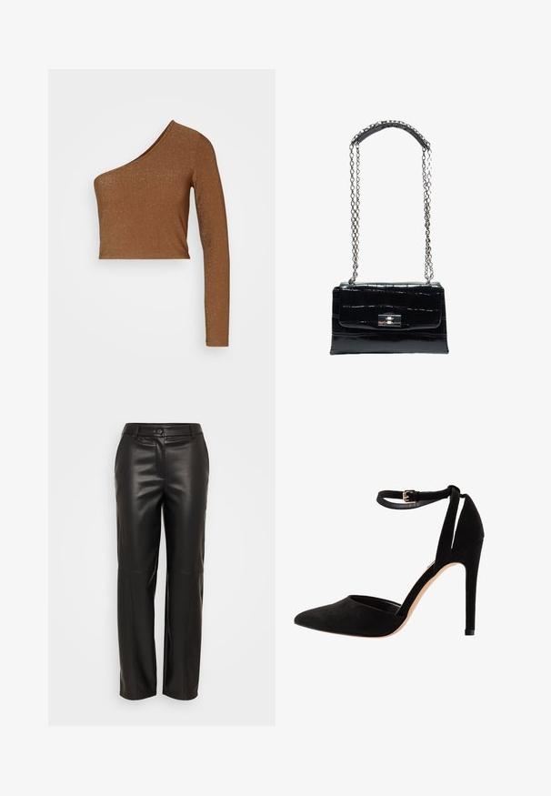 Pieces PCSALINE CROPPED ONE SHOULDER - Top s dlhým rukávom - toasted coconut; ONLY ONLCARLA - Nohavice - black; Čierne zamatové lodičky s špicatou špičkou, remienkom okolo členku a stiletto podpätkom. Dizajn sa vyznačuje hladkou textúrou s minimálnymi detailmi.; Čierna kožená kabelka s krokodílím vzorom, striebornou zámkou so zatváraním na otočenie a dlhým strieborným reťazcom s koženou ramennou podložkou.