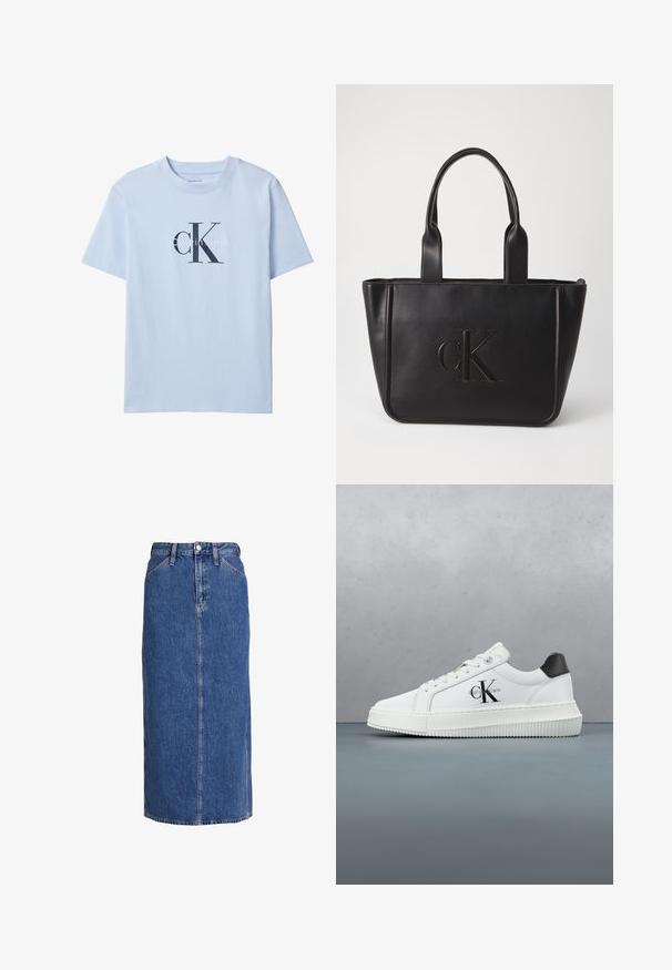 Lyseblå t-shirt med korte ærmer med stort sort "cK" og hvidt "Calvin Klein" logo centreret på forsiden.; Denim midi nederdel i mellemblå med lige snit, forkant knaplukning, to sidelommer og synlige sømme for struktur.; Hvide lavtoppede sneakers med sort hælkænke, platformssål, snørebånd og Calvin Klein "CK" logo på siden.; Sort læder tote bag med to håndtag; har præget "cK" logo; rektangulær form; glat tekstur; minimalistisk design.