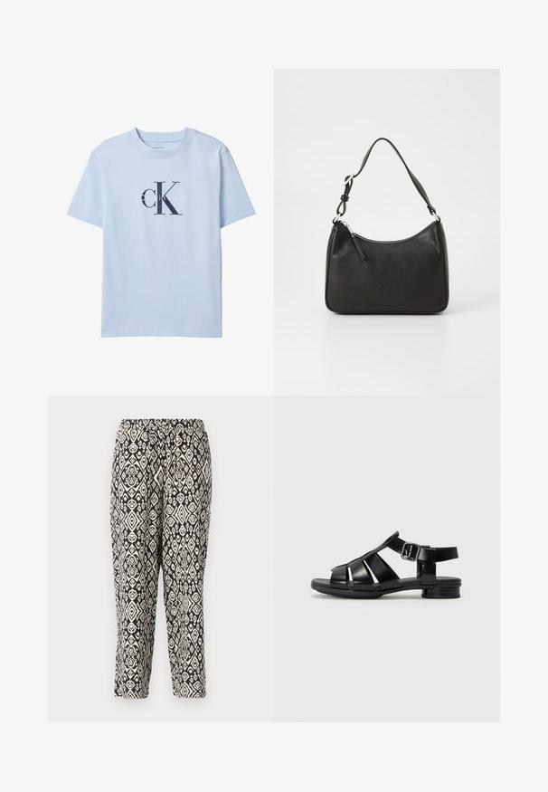 Lichtblauw T-shirt met korte mouwen, met een groot zwart "cK" en wit "Calvin Klein" logo centraal op de voorkant.; Zwart en crèmekleurige gestreepte broeken. Voorzien van een elastische tailleband en een herhalend geometrisch ontwerp met diamantvormen en bloemmotieven.; Zwarte bandjes sandalen met een platte hak, met een open teen ontwerp, verstelbare enkelgesp en een gladde glanzende afwerking.; Zwarte leren handtas met een gebogen vorm, een enkele schouderband, ritsluiting en subtiele branding aan de voorkant. Glad textuur, minimalistisch ontwerp.