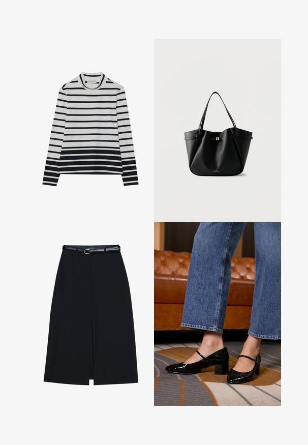 Top de manga larga hecho de algodón, con rayas horizontales en blanco y negro, un cuello alto tipo mock y un corte relajado con aberturas laterales.; Falda negra hasta la rodilla con una abertura en la parte delantera, hecha de tejido suave. Presenta un delgado cinturón negro con una hebilla plateada y pasadores para el cinturón.; Zapatos de charol negros con punta afilada, tacón cuadrado y correa en el tobillo, llevados con jeans de pierna ancha, sobre una alfombra estampada.; Bolso tote de cuero negro con dos correas para el hombro, un pequeño cierre dorado y el logo "Anna Field" sobre un fondo blanco.