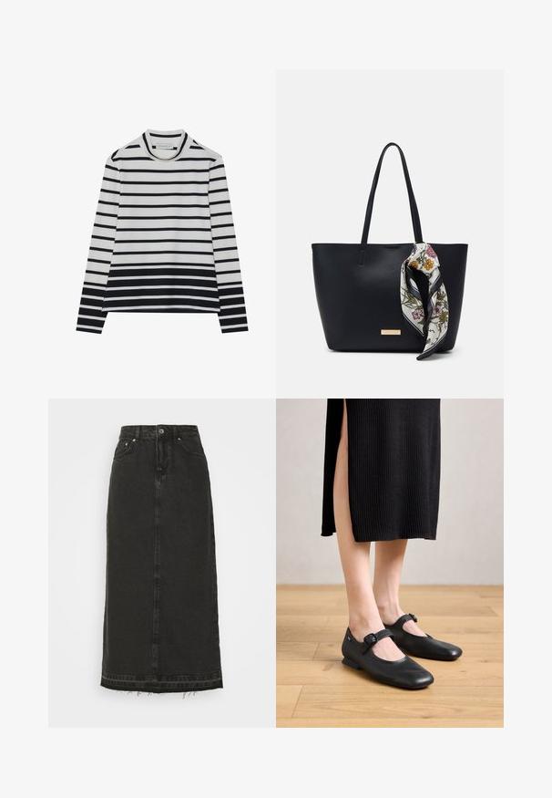 Langærmet bluse lavet af bomuld, med vandrette sorte og hvide striber, en høj mock neck og en afslappet pasform med sidesplits.; Sort denim midi-nederdel med en tætsiddende talje, frontknaplukning og frynset kant. Har klassisk fem-lomme-design og let struktur.; Sorte læder Mary Jane flade sko med en lille hæl, der har en rund tå og en sidelukning. Den strukturerede design forbedrer det visuelle indtryk.; Sort læder tote taske med to skulderremme, prydet med et blomsterprint silkeslør bundet om håndtaget og en metallisk logo detalje på forsiden.