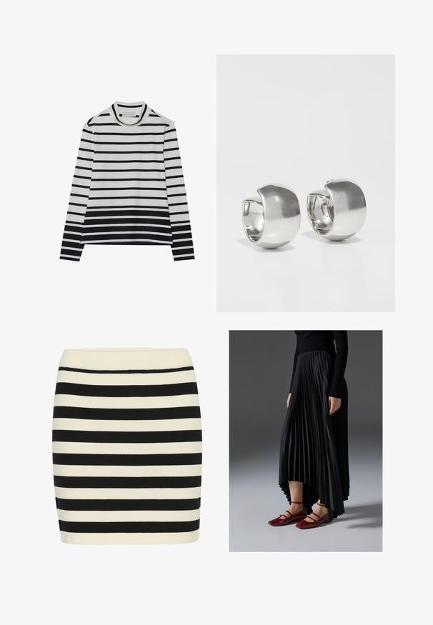 Langærmet bluse lavet af bomuld, med vandrette sorte og hvide striber, en høj mock neck og en afslappet pasform med sidesplits.; Sort og creme stribet strikskørt, tætsiddende pasform, med ribbet talje. Vandre striber skifter bredde for visuel tekstur.; Sort plisseret nederdel med en høj-lav kant, parret med glansfulde røde flade sko med en remdesign. Stoffet har en glat overflade.; Uncommon Matters SCULPTURAL LARGE CREOLE - Øreringe - silver-coloured