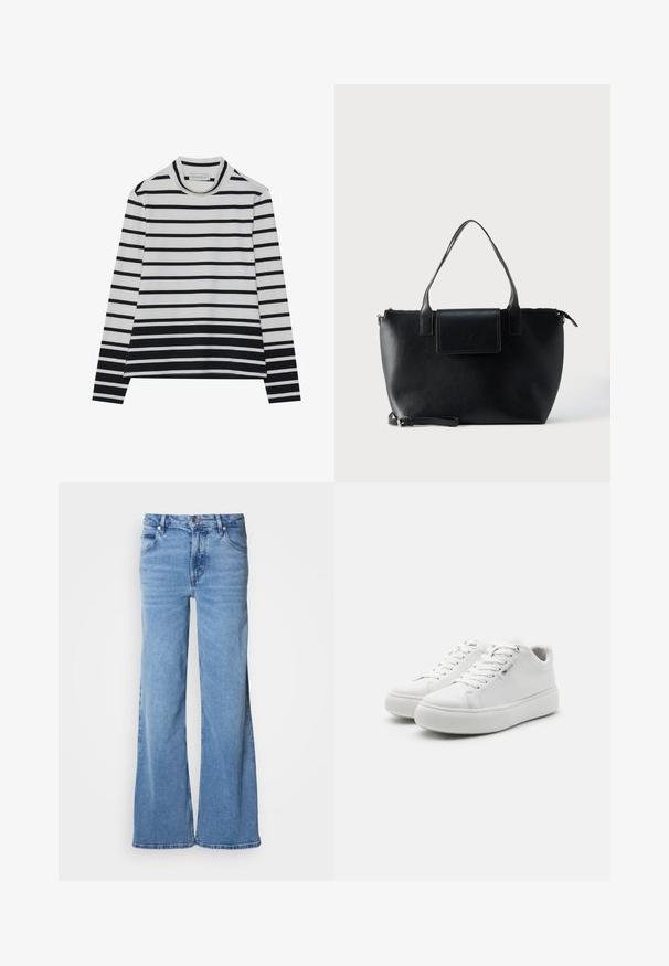 Langærmet bluse lavet af bomuld, med vandrette sorte og hvide striber, en høj mock neck og en afslappet pasform med sidesplits.; Lyseblå jeans med vid ben lavet af denim. Har et klassisk fem-lomme-design og synlig knaplukning. Blød tekstur og enkel finish.; Hvide lavtop sneakers med en glat lærredsoverdel, rund tå og tyk gummisål. Har snørebånd foran og et minimalistisk design.; Sort lædertaske med to håndtag, en aftagelig rem, magnetisk flaplukning og en glat overflade. Lynlåslukning øverst og dekorative syninger.