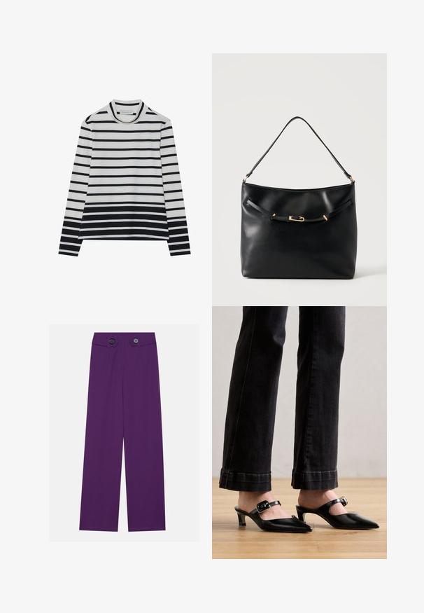 T-shirt à manches longues en coton, présentant des rayures horizontales noires et blanches, un col montant haut et une coupe décontractée avec des fentes sur les côtés.; Un pantalon large violet en tissu lisse, avec deux grands boutons au niveau de la taille et deux poches avant.; Mules noires à bout pointu avec un petit talon et une bride réglable à boucle. Matière en cuir lisse avec une finition brillante.; Sac à épaule en cuir noir avec une bandoulière unique et un petit détail de boucle dorée à l'avant, sur un fond clair uni.