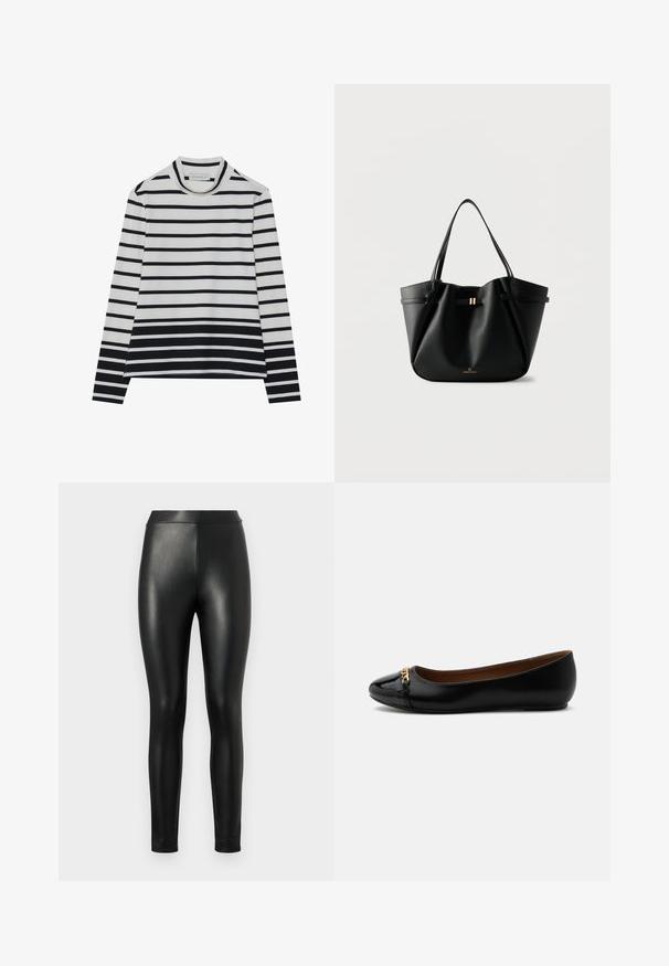 Langærmet bluse lavet af bomuld, med vandrette sorte og hvide striber, en høj mock neck og en afslappet pasform med sidesplits.; Sorte faux læder leggings med en glat tekstur, høj talje og tætsiddende pasform, designet til en strømlinet silhuet.; Sort laklæder balletsko med rund spids og guldkæde detalje foran, flad sål, brun indvendig for.; Sort læder-tote taske med to skulderremme, en lille guldlås og "Anna Field" logo på en hvid baggrund.