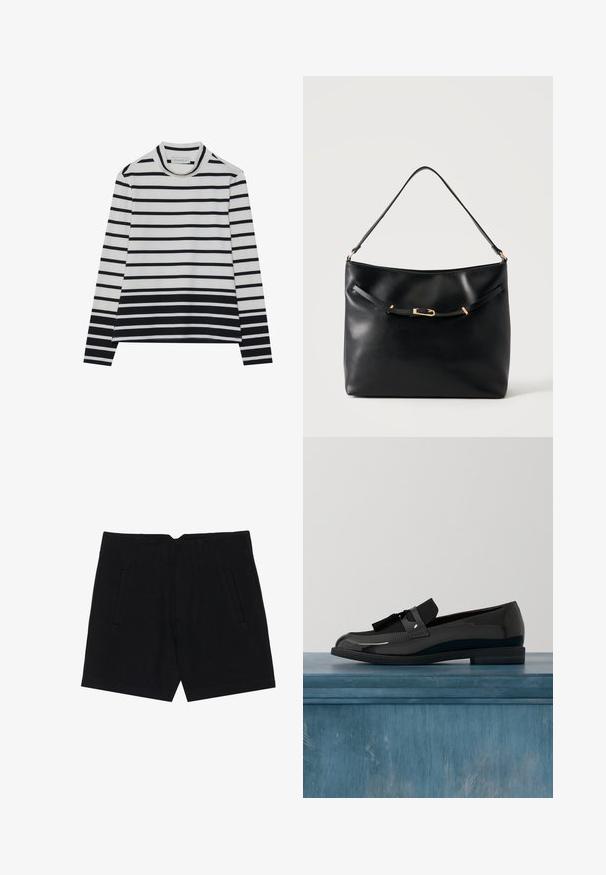T-shirt à manches longues en coton, présentant des rayures horizontales noires et blanches, un col montant haut et une coupe décontractée avec des fentes sur les côtés.; Shorts noirs en tissu lisse, avec des poches latérales, une coupe ajustée et des plis structurés à l'avant pour une silhouette épurée.; Mocassins en cuir verni noir à talon plat, avec un accent de gland et une surface lisse, conçus avec un bout arrondi et une couture discrète.; Sac à épaule en cuir noir avec une bandoulière unique et un petit détail de boucle dorée à l'avant, sur un fond clair uni.
