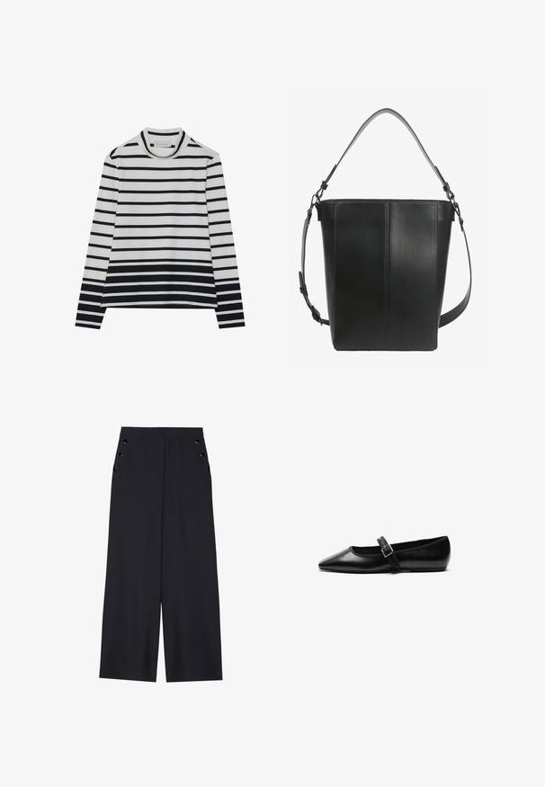 T-shirt à manches longues en coton, présentant des rayures horizontales noires et blanches, un col montant haut et une coupe décontractée avec des fentes sur les côtés.; Pantalons ample en tissu bleu marine foncé, avec une texture lisse, des plis avant et des œillets décoratifs en ton doré sur les poches latérales.; Chaussure noire plate en cuir avec un bout pointu, bride réglable avec une boucle en métal, texture lisse et design minimaliste.; Sac seau en cuir noir avec deux bretelles réglables et des détails de couture minimalistes sur un fond uni.