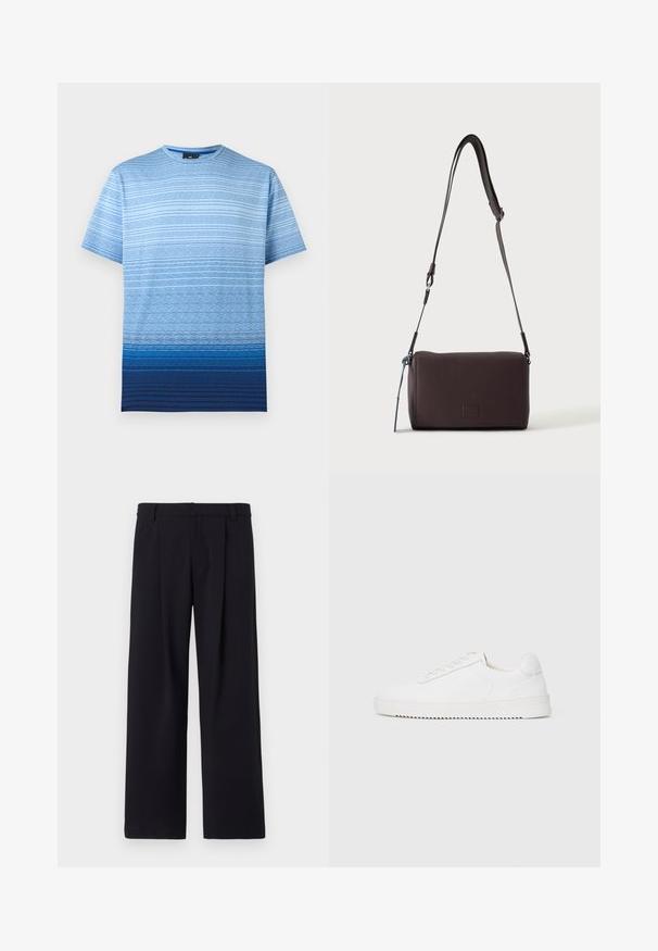 Blauw T-shirt met een verlopende kleur en horizontale strepen in verschillende blauwtinten. Gemaakt van katoen met een ronde hals en korte mouwen.; Wijde broek in zwarte stof, met voorplooien, een platte voorkant en riemlussen. Soepele textuur zonder zichtbare patronen of accenten.; Witte sneaker met een gladleren bovenkant, ronde neus, veters, gestructureerde zijaccenten en een dikke rubberen zool. Minimalistisch ontwerp.; Donkerbruine gestructureerde leren crossbodytas met verstelbare riem en klein decoratief blauw accent aan de zijkant.