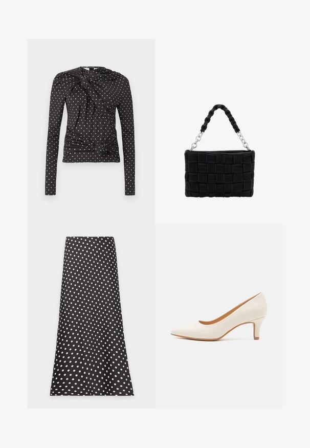 Zwart langärmelig shirt met witte stippen, gedraaide voorkant met knoopdetail, en zachte, rekbare stof voor comfort.; Zwarte A-lijn rok met witte polkadots gelijkmatig verdeeld over de stof, plat weergegeven op een witte achtergrond.; Witte leren hoge hak met een puntige neus en een slanke, licht hellende hak. Gladde textuur met een minimalistisch ontwerp en een tan gekleurde zool.; Zwarte geweven handtas gemaakt van textuurmateriaal, met een gevlochten handgreep en zilveren kettingaccenten. Rechthoekige vorm met een gesloten bovenkant.