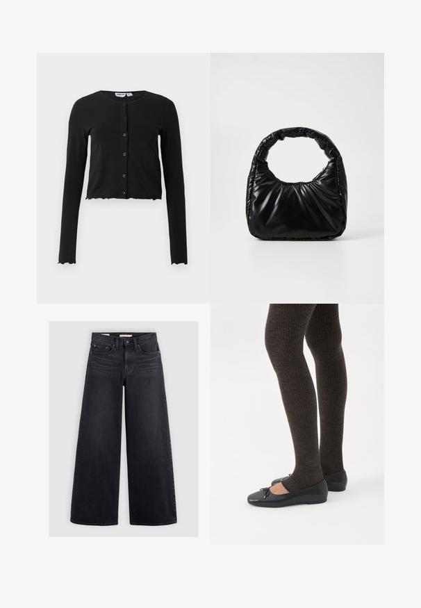 Sort, cropped cardigan lavet af blødt stof med lange ærmer, en rund halsudskæring og fem knaplukninger i front. Kantet med et bølget design.; Bredbenede sorte jeans lavet af denim, med høj talje, fem lomme-design og subtilt slid langs forsiden.; Ben iført mørke ribbede leggings kombineret med sorte balletsko med små sløjfedetaljer på hvid baggrund.; Sort polstret håndtaske med et rundt håndtag, der har en glat, skinnende overflade og en blød, kviltet tekstur. Ingen synlige hardware eller accenter.