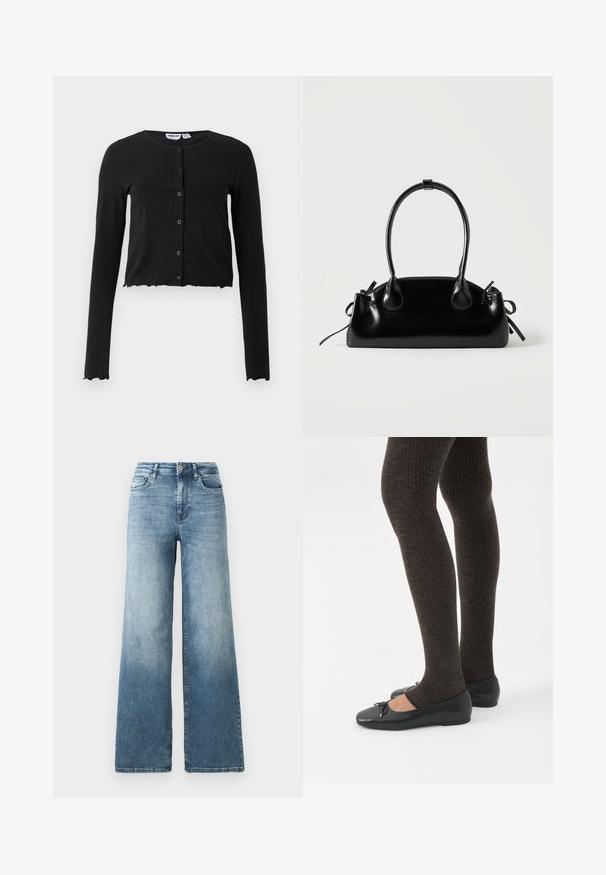 Sort, cropped cardigan lavet af blødt stof med lange ærmer, en rund halsudskæring og fem knaplukninger i front. Kantet med et bølget design.; Vide ben jeans i lys blå vask, med høj talje, fem-lomme design og subtil falmen på stoffet. Klassisk metalknap lukning.; Ben iført mørke ribbede leggings kombineret med sorte balletsko med små sløjfedetaljer på hvid baggrund.; Lille sort blank håndtaske med to lange håndtag og snøre-detaljer i siden på en ensfarvet lys baggrund.
