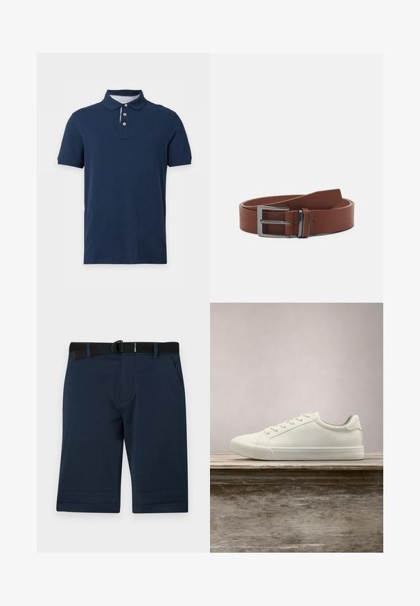 Polo bleu marine à manches courtes avec col et trois boutons, présentant un détail subtil à rayures sur le col intérieur.; Shorts bleu marine en tissu texturé, présentant une ceinture noire ajustable, deux poches latérales et un ourlet droit.; Sneaker en dentelle blanche flottant au-dessus d'un banc en bois avec un feuillage vert en arrière-plan, mettant en valeur le design et la texture de la chaussure.; Ceinture en cuir marron avec une texture lisse, dotée d'une boucle en métal argenté et d'un design minimaliste. La ceinture a une extrémité arrondie et des coutures précises.