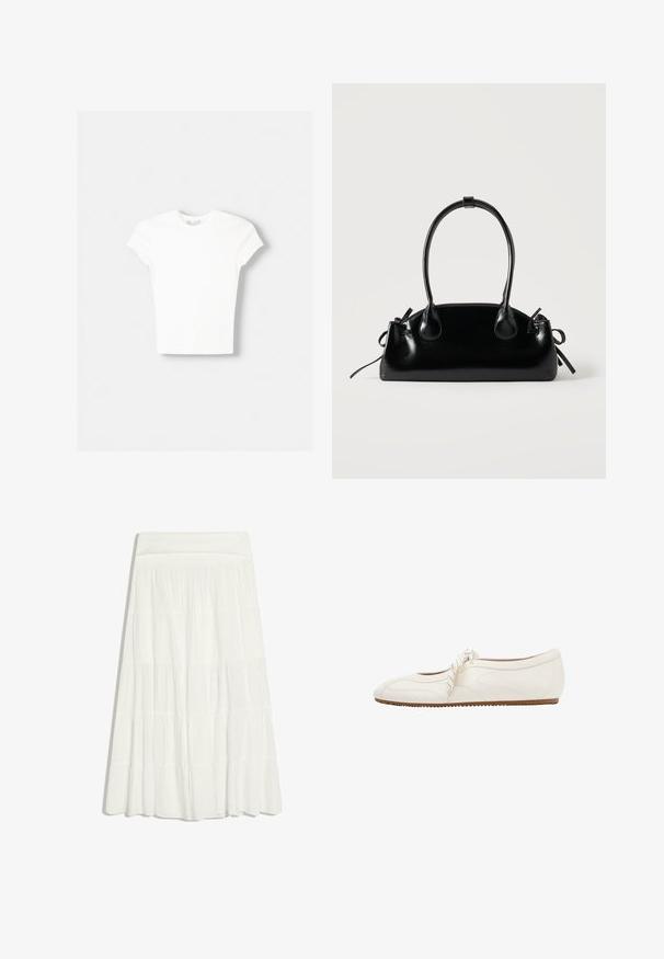 T-shirt blanc à manches courtes en coton doux, avec un col rond et une coupe ajustée. Pas de motifs ni d'ornements visibles.; Jupe longue blanche à volants avec des panneaux de tissu froncés et une large ceinture, fluide et légèrement évasée au bas.; Chaussure de ballet plate couleur blanc cassé en cuir texturé, avec des détails cousus, un bout rond, une semelle fine en caoutchouc et une lanière crème à nouer sur le dessus.; Petit sac à main noir brillant avec deux longues anses et des détails à cordon sur les côtés sur un fond clair uni.