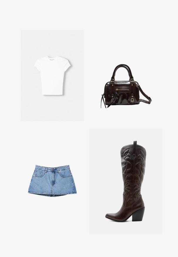 T-shirt blanc à manches courtes en coton doux, avec un col rond et une coupe ajustée. Pas de motifs ni d'ornements visibles.; Mini-jupe en jean bleu avec boutons à l'avant, fermeture éclair, passants pour ceinture et deux poches avant sur fond blanc.; Botte de cowboy haute en cuir marron foncé avec motifs décoratifs cousus, bout pointu et talon bloc empilé.; Sac à main en cuir verni marron avec double poignées, bandoulière amovible, poche zippée à l'avant et accents en métal doré.