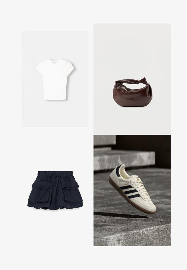 T-shirt blanc à manches courtes en coton doux, avec un col rond et une coupe ajustée. Pas de motifs ni d'ornements visibles.; Shorts bleu marine avec une large ceinture élastique et de grandes poches cargo de chaque côté, présentant un design ample et légèrement bouffant.; Baskets blanches Adidas Samba avec des bandes noires et une semelle en gomme, flottant au-dessus de marches en béton gris texturé.; Sac bandoulière en cuir marron foncé avec une forme souple et décontractée et une anse nouée torsadée sur un fond blanc uni.