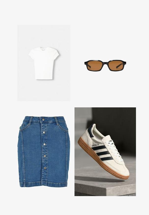 Witte t-shirt met korte mouwen van zachte katoen, met een ronde halslijn en een getailleerde vorm. Geen zichtbare patronen of versieringen.; Denim rok met een sluiting aan de voorkant met knopen, een aansluitend ontwerp, lichtblauwe kleur en subtiele stiksels.; Witte suède sneakers met marineblauwe strepen, rubberen gumzool, gestructureerde bovenkant, ronde neus en veters; heeft branding aan de zijkant en op de tong.; Zwarte rechthoekige zonnebril met dikke monturen en bruin getinte glazen, getoond van voren op een witte achtergrond.