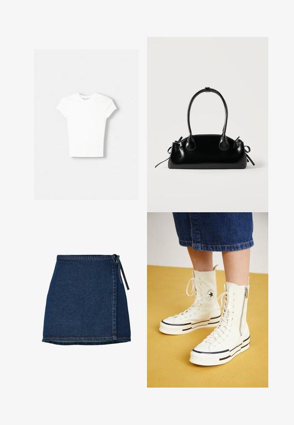 Hvid kortærmet t-shirt lavet af blød bomuld, med rund halsudskæring og en tætsiddende form. Ingen synlige mønstre eller udsmykninger.; Denim nederdel med wrap-design, mørkeblå farve og en knyttet talje. Har syning detaljer langs kanten og sidesømmen.; Hvide høj-top sneakers med lynlåslukning, snørresystem og sorte striber på en tyk sål. Tekstureret kanvasmateriale.; Lille sort blank håndtaske med to lange håndtag og snøre-detaljer i siden på en ensfarvet lys baggrund.