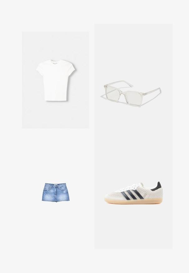 T-shirt blanc à manches courtes en coton doux, avec un col rond et une coupe ajustée. Pas de motifs ni d'ornements visibles.; Jupe en denim bleu clair avec un ourlet effiloché, fermeture à boutons sur le devant et deux poches à l'avant. Les détails usés ajoutent de la texture.; Baskets en maille blanche avec un design à trois bandes noires, bout arrondi et semelle en caoutchouc gomme. Dotées d'un col de talon souple et d'une fermeture à lacets.; Lunettes carrées en plastique transparent avec des verres translucides, dotées d'accents dorés sur les branches pour plus de détails.