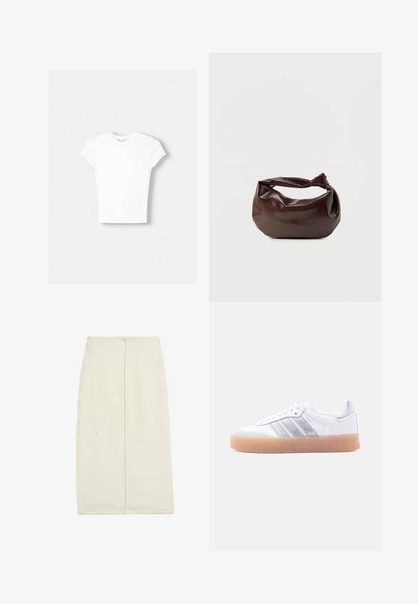 T-shirt blanc à manches courtes en coton doux, avec un col rond et une coupe ajustée. Pas de motifs ni d'ornements visibles.; Jupe longue en ivoire en tissu texturé, présentant un design droit et une couture au dos centrée. Aucun matériel visible ni motifs.; Baskets basses blanches avec semelle gomme, accents argentés rayés sur le côté, et fermeture à lacets, présentées sur un fond clair uni.; Sac bandoulière en cuir marron foncé avec une forme souple et décontractée et une anse nouée torsadée sur un fond blanc uni.