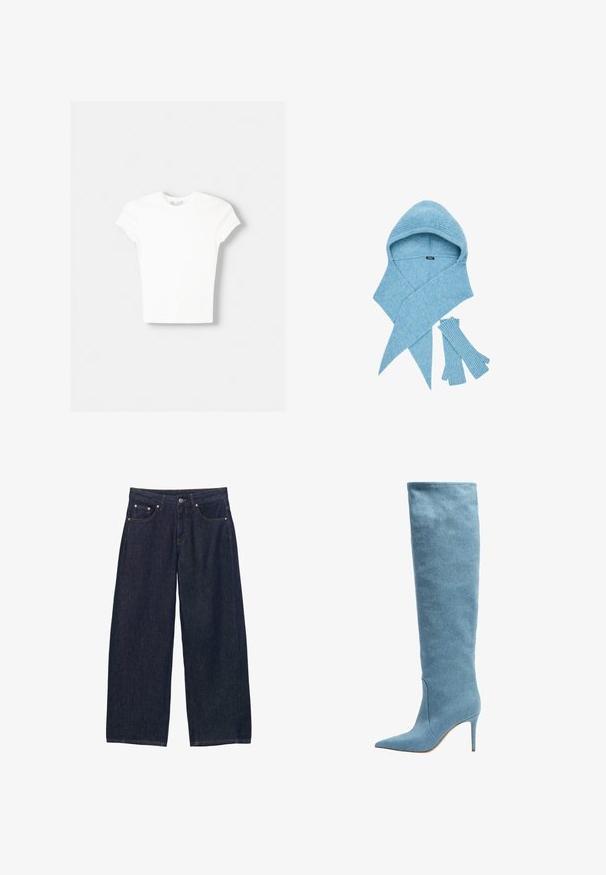 Witte t-shirt met korte mouwen van zachte katoen, met een ronde halslijn en een getailleerde vorm. Geen zichtbare patronen of versieringen.; Donkerblauwe denim spijkerbroek met wijde pijpen, voorzakken, riemlussen en een knoopsluiting in de taille.; Hoge dameslaarzen in lichtblauwe denim met een spitse neus en slanke hoge hak op een witte achtergrond.; Lichtblauwe gebreide capuchonsjaal gecombineerd met bijpassende vingerloze handschoenen, beide geribbeld voor textuur en warmte.