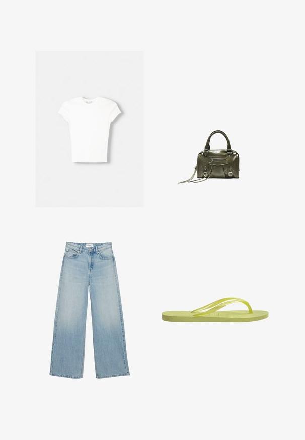 Weißes kurzärmliges T-Shirt aus weicher Baumwolle, mit Rundhalsausschnitt und figurbetonter Form. Keine sichtbaren Muster oder Verzierungen.; Hellblaue, hoch taillierte Jeans mit weitem Bein, vorderen Taschen, Knopfverschluss und Gürtelschlaufen vor weißem Hintergrund.; Limegrüne Flip-Flops mit gerippter Sohle, dünnen Riemen und strukturiertem Fußbett. Hergestellt aus Gummi, verfügt über ein minimalistisches Design und eine glatte Oberfläche.; Olivgrüne Lederhandtasche mit doppelten Griffen, Frontreißverschlusstasche, Schnallendetails und langen Quasten auf weißem Hintergrund.