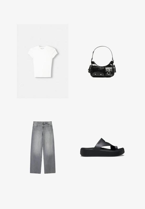 Witte t-shirt met korte mouwen van zachte katoen, met een ronde halslijn en een getailleerde vorm. Geen zichtbare patronen of versieringen.; Wijduitlopende grijze denim jeans met een licht vervaagde afwerking, voorzien van vijf zakken, een knoopsluiting aan de voorkant en lussen voor een riem.; Zwarte platform flip-flops met een getextureerde rubberen zool, voorzien van een kruisbandontwerp en een matte afwerking. Merklocatie subtiel aan de zijkant.; Zwarte laarzen in lakleer met een gebogen vorm, één schouderband, voorvakken en accenten in zilverkleurig metaal.