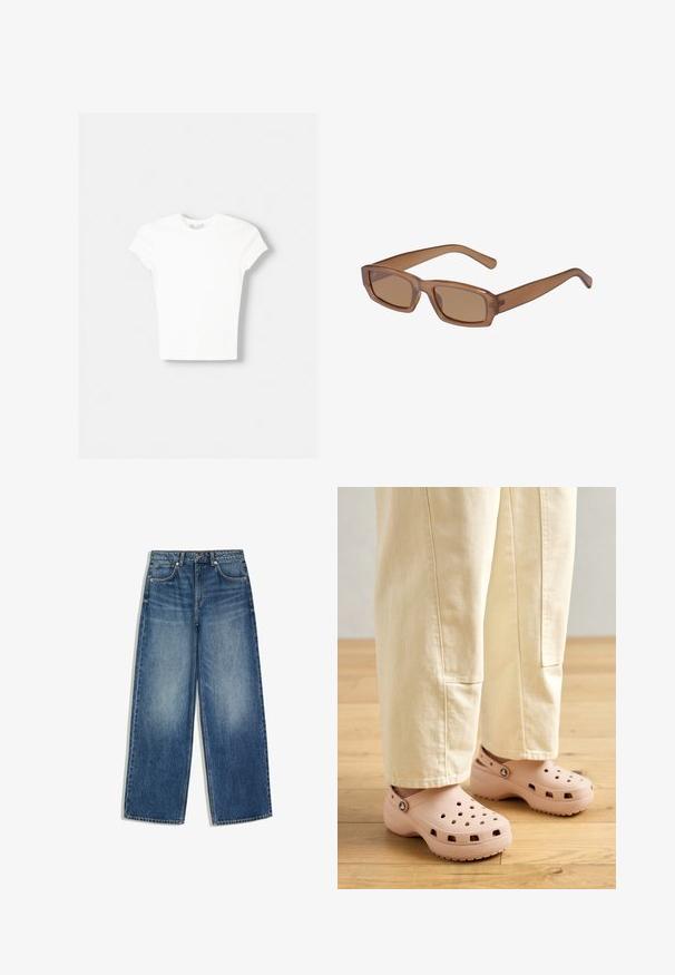 Weißes kurzärmliges T-Shirt aus weicher Baumwolle, mit Rundhalsausschnitt und figurbetonter Form. Keine sichtbaren Muster oder Verzierungen.; Blaue Jeans mit weitem Bein, Fronttaschen, Gürtelschlaufen und ausgewaschenen Details im Oberschenkelbereich.; Helle rosa Clogs aus Gummi, mit Belüftungslöchern, einer konturierten Form und einer strukturierten Sohle für Halt. Getragen mit hellbeigen Hosen.; Braune, rechteckige Sonnenbrille mit transparentem Gestell, schlanken Bügeln und getönten Gläsern, die eine glatte Textur und modernes Design aufweist.