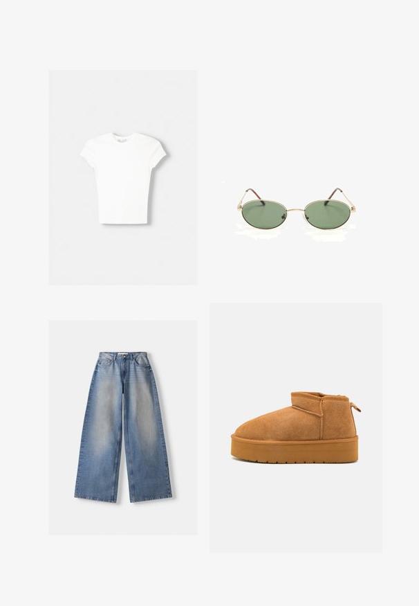 Weißes kurzärmliges T-Shirt aus weicher Baumwolle, mit Rundhalsausschnitt und figurbetonter Form. Keine sichtbaren Muster oder Verzierungen.; Weite blaue Jeans mit hohem Bund und verwaschenen Details, flach auf weißem Hintergrund ausgelegt.; Braune Wildlederstiefeletten mit runder Spitze, niedrigem Schnitt und einer strukturierten Gummisohle, die eine leichte Plattform und eine Ziehlasche aufweist.; Goldfarbene ovale Sonnenbrille mit Metallrahmen, grünen getönten Gläsern und dünnen Bügeln, die auf einer weißen Oberfläche liegen.