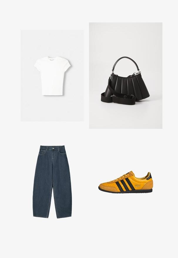 Witte t-shirt met korte mouwen van zachte katoen, met een ronde halslijn en een getailleerde vorm. Geen zichtbare patronen of versieringen.; Donkerblauwe denim wijde broek met hoge taille, voorzien van vijf zakken en zichtbare stikseldetails. Schoon, minimaal ontwerp.; Gele leren sneaker met zwarte strepen, vetersluiting, geperforeerde neus en gestructureerde hielaccenten met het label "adidas Japan." Rubber loopzool.; Zwarte geplooide handtas met een ronde handgreep, verstelbare schouderriem en glanzende textuur. Heeft zilveren hardware en een gestructureerde silhoutte.