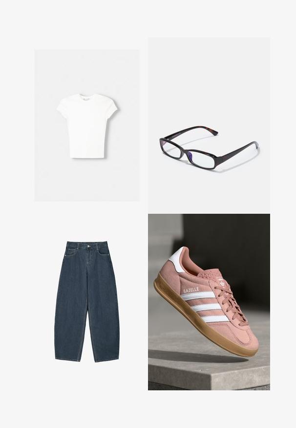 T-shirt blanc à manches courtes en coton doux, avec un col rond et une coupe ajustée. Pas de motifs ni d'ornements visibles.; Jeans en denim bleu foncé à jambes larges avec une taille haute, dotés de cinq poches et de détails de couture visibles. Design épuré et minimal.; Baskets en suede rose avec des rayures blanches, semelle en caoutchouc, supérieur texturé et logo sur la languette. Design classique basse.; Lunettes rectangulaires avec un motif écaille de tortue, monture en plastique noir et verres transparents. Présentent des branches fines et une légère courbure aux extrémités.