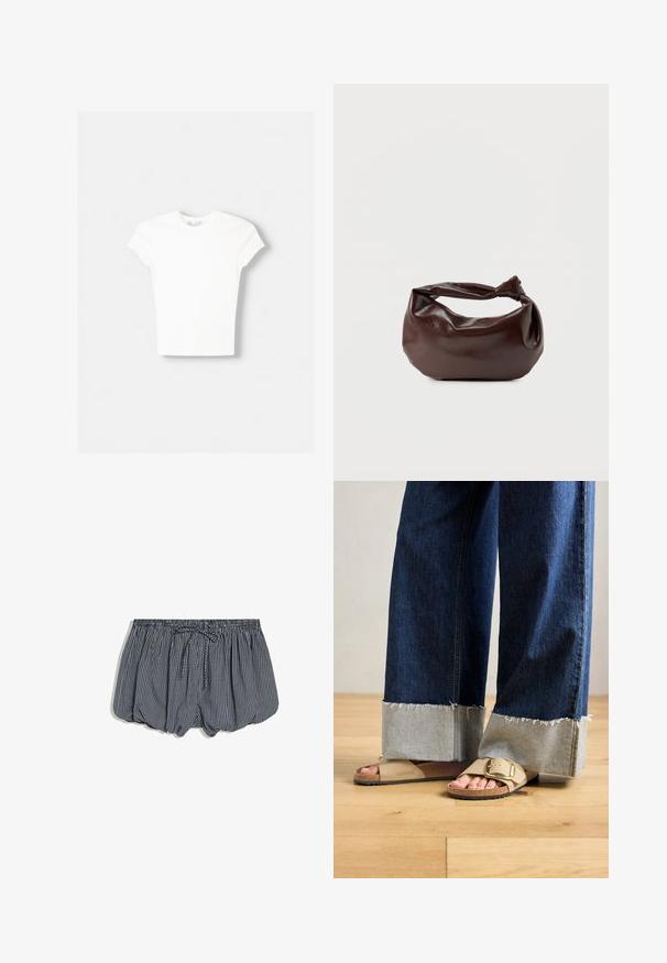 Witte t-shirt met korte mouwen van zachte katoen, met een ronde halslijn en een getailleerde vorm. Geen zichtbare patronen of versieringen.; Marineblauwe en witte geruite shorts met elastische tailleband en vooraan een trekkoord, weergegeven op een witte achtergrond.; Voeten in beige Birkenstock-sandalen met gouden gespen, gecombineerd met donkerblauwe denimspijkerbroeken die bij de boorden opgerold zijn, staande op een houten vloer.; Donkerbruine leren schoudertas met een zachte, slungelige vorm en een gedraaide knoopvormige handgreep op een effen witte achtergrond.