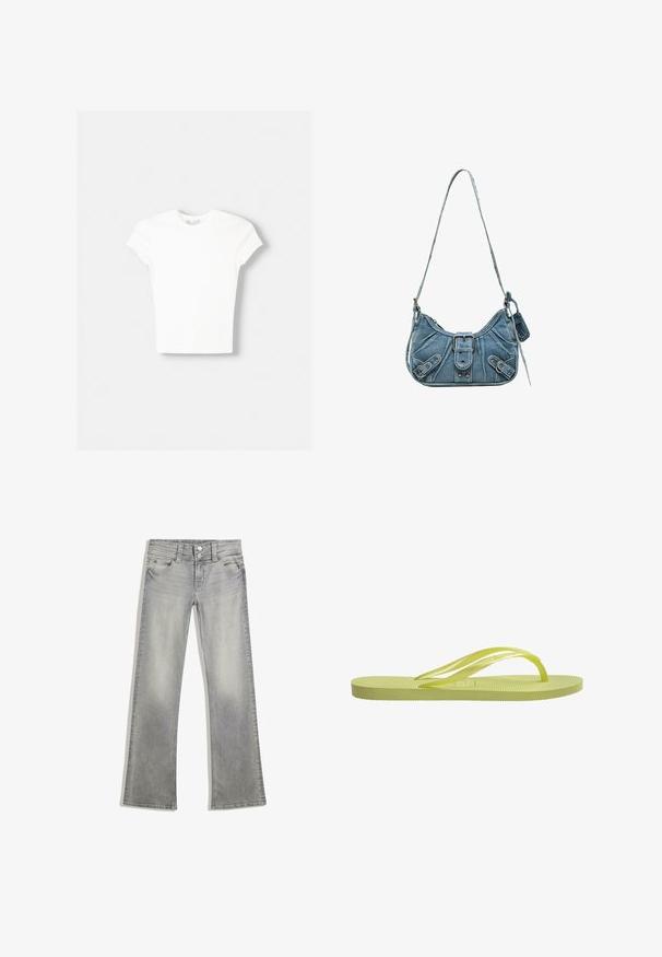 Witte t-shirt met korte mouwen van zachte katoen, met een ronde halslijn en een getailleerde vorm. Geen zichtbare patronen of versieringen.; Grijze denim flared jeans met een vervaagde afwerking, voorzien van een knoopsluiting, vijf zakken en gestikte details langs de tailleband en zoom.; Limoengroene teenslippers met ribbelzool, dunne bandjes en een gestructureerde voetbed. Gemaakt van rubber, met een minimalistisch ontwerp en een gladde afwerking.; Kleine denim schoudertas met voorste gesp, twee decoratieve riemen en verstelbare lange schouderriem op een witte achtergrond.