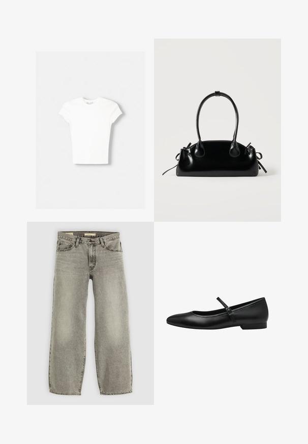 Hvid kortærmet t-shirt lavet af blød bomuld, med rund halsudskæring og en tætsiddende form. Ingen synlige mønstre eller udsmykninger.; Lys grå, bredbenede jeans lavet af denim. Har traditionel fem-lomme stil og let falmning gennem stoffet.; Sorte læder balletflade med rund tå, en enkelt rem over vristen og en lav, rektangulær hæl. Glat tekstur.; Lille sort blank håndtaske med to lange håndtag og snøre-detaljer i siden på en ensfarvet lys baggrund.