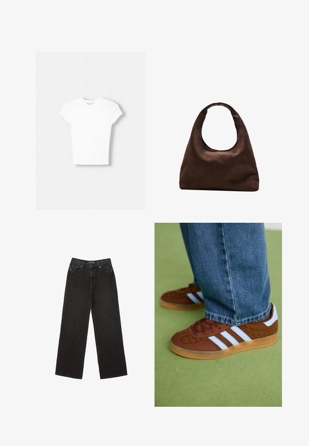 Hvid kortærmet t-shirt lavet af blød bomuld, med rund halsudskæring og en tætsiddende form. Ingen synlige mønstre eller udsmykninger.; Sorte brede jeans lavet af denim, med små prikkede mønstre, klassisk fem-lomme design og en knap- og lynlåslukning.; Brune Adidas sneakers med hvide striber og gummisåler, båret med blå jeans på grøn tæppe.; Blød brun hobo-stil håndtaske med en enkelt bred strop og en buet åbning på toppen, vist på en hvid baggrund.