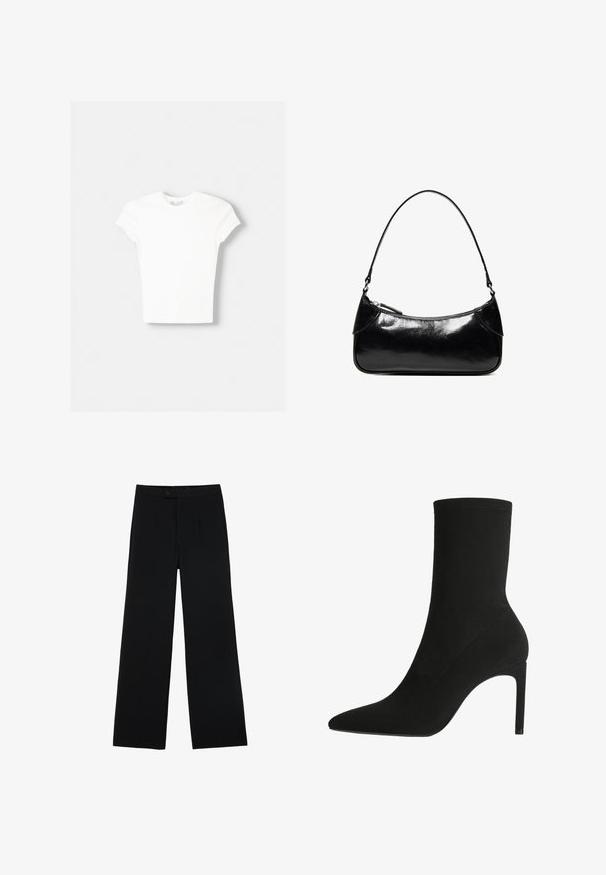 T-shirt blanc à manches courtes en coton doux, avec un col rond et une coupe ajustée. Pas de motifs ni d'ornements visibles.; Pantalons noirs à jambes larges en tissu lisse, dotés d'une fermeture à bouton à l'avant et de deux plis pour un détail supplémentaire. Design ajusté dans l'ensemble.; Bottine noire en suede doux, avec un bout pointu et un talon aiguille haut. Design minimaliste sans matériel ou motifs visibles.; Sac à épaule en cuir noir brillant avec un seul compartiment zippé et une fine bandoulière arquée.