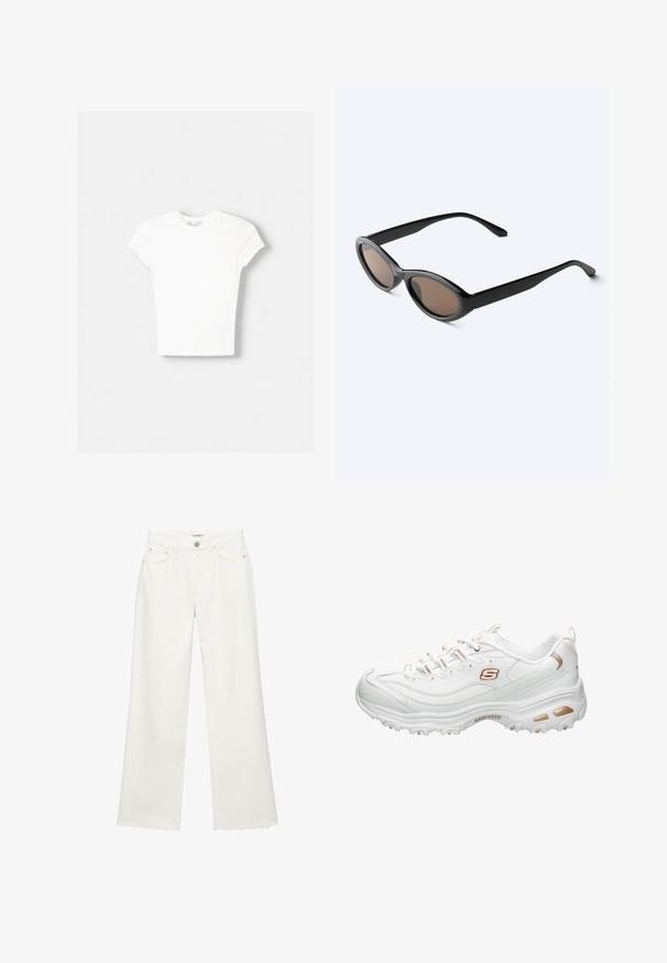 Witte t-shirt met korte mouwen van zachte katoen, met een ronde halslijn en een getailleerde vorm. Geen zichtbare patronen of versieringen.; Witte denim wijde broek met steekzakken aan de voorkant, riemlussen, knoopsluiting en onafgewerkte zoomranden.; Witte sportschoen gemaakt van glad synthetisch materiaal. Bevat getextureerde accenten, metallic gouden details, vetersluiting en een gevoerde zool.; Zwarte zonnebril met ovale montuur en donker getinte glazen, licht schuin getoond op een wit oppervlak.