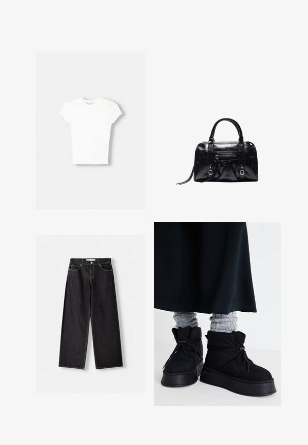 Weißes kurzärmliges T-Shirt aus weicher Baumwolle, mit Rundhalsausschnitt und figurbetonter Form. Keine sichtbaren Muster oder Verzierungen.; Schwarze Jeans mit weitem Bein, Vordertaschen und silbernem Knopfverschluss, flach auf einem hellgrauen Hintergrund ausgelegt.; Schwarze, gepolsterte Knöchelstiefel mit flachen Sohlen, Schnürsenkeln und auffälligen Nähten. Kombiniert mit grauen, gerippten Socken, die hervorlugen, und getragen zu einem dunklen Rock.; Schwarze glänzende Lederhandtasche mit zwei Griffen, Frontreißverschlusstasche, Schnallendetails und einem Handgelenksriemen auf weißem Hintergrund.